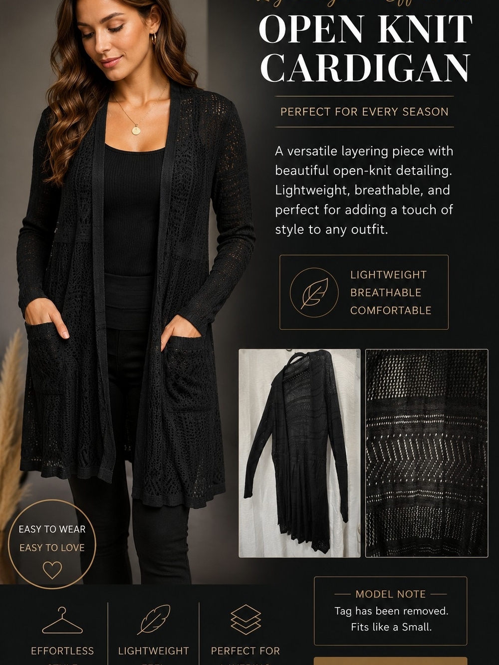 Open Knit Long Cardigan Sweater - Black